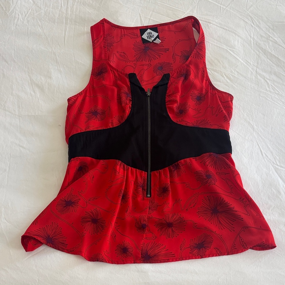 Stylish Red Floral Tank Top with Black Detail